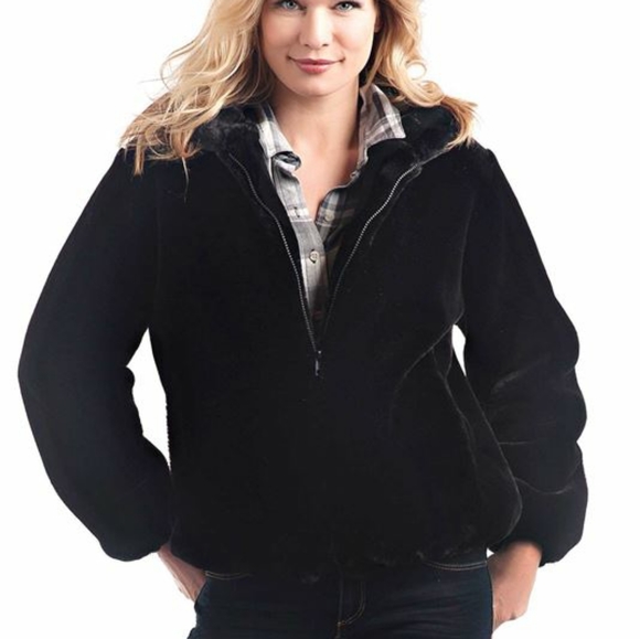 BLACK SHEARED BEAVER FAUX FUR HOODED PARKA - Picture 10 of 12